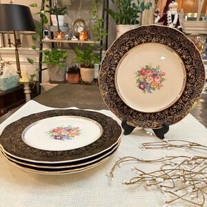 Steubenville Ivory Floral Dinner Plates 5 Pc Set Black & Gold Trims Vintage‎